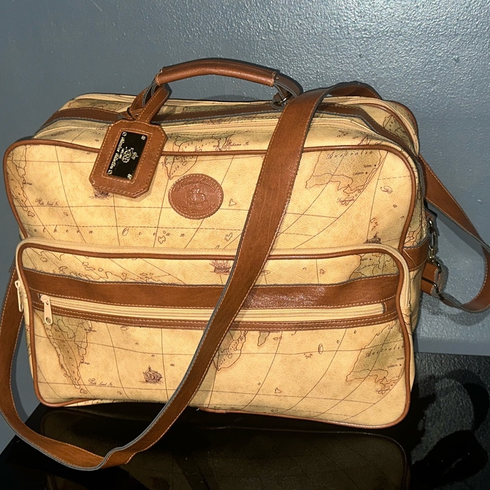 Vintage Map Print Travel Bag with Brown Accents